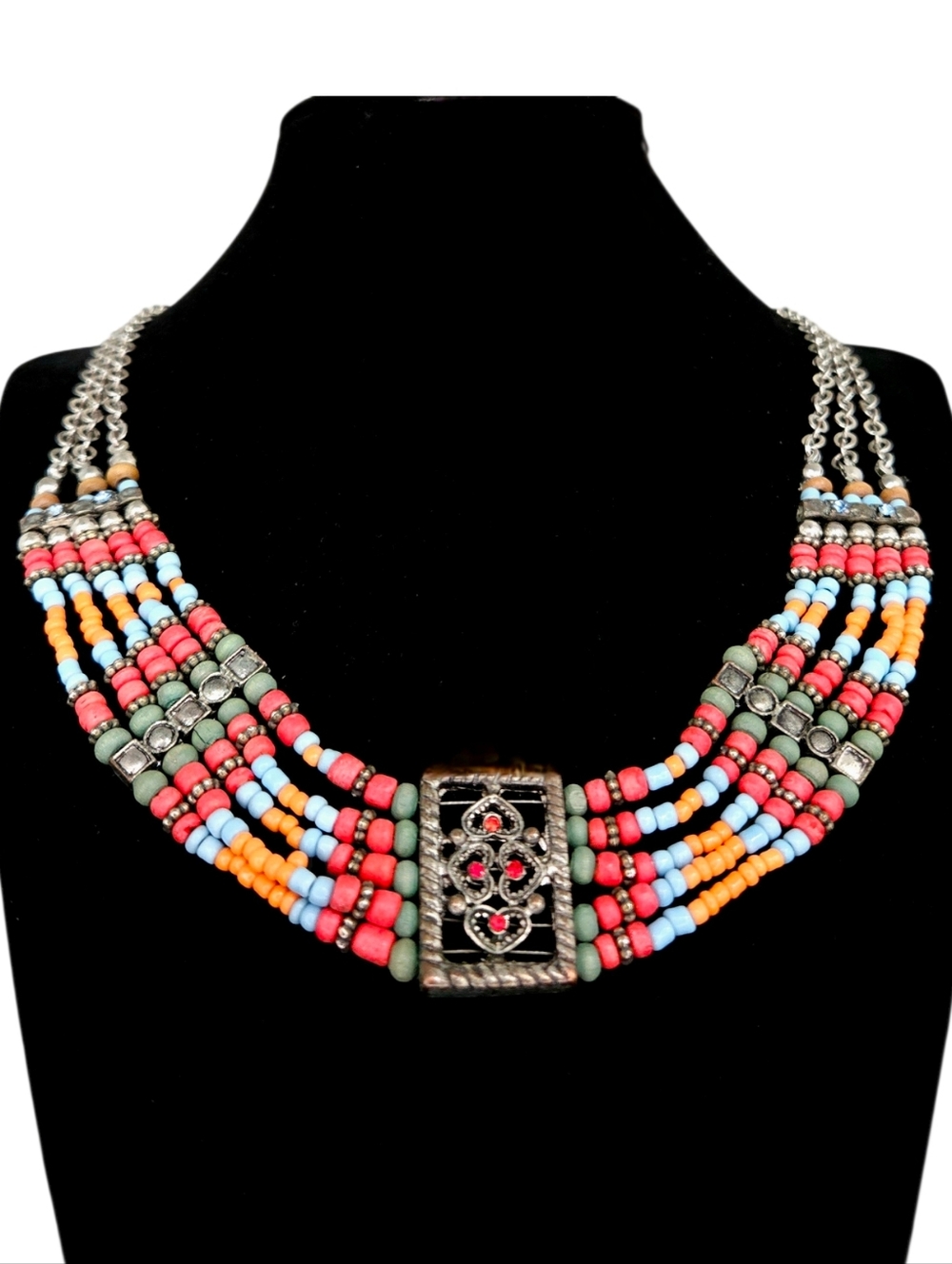 Vintage Tibetan beaded bib necklace tribal ethnic multi-strand boho EUC festival